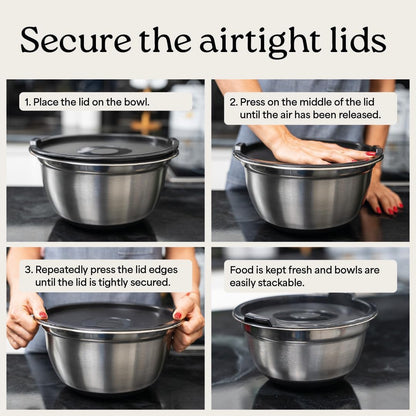 WHYSKO Stainless Steel Mixing Bowls with Lids Set - 5 Rustproof Metal Nesting Mixing Bowls for Kitchen, Meal Prep, Baking, Cooking, Storage - Includes 3 Grater Attachments, Dishwasher Safe
