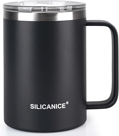 14 oz Stainless Steel Vacuum Insulated Tumbler with handle & MacSlider Lid, Dishwasher Safe & Spill Proof Coffee Cup, Travel Mug for Hot/Cold Drinks, Durable Design - Black
