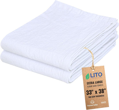 Flour Sack Towels | Tea Towel for Crafts| Kitchen Dish Cotton Blank Towel for Embroidery| Baking Bread Proofing Linen Cover| Thick Absorbent Quick Dry| 2 Pack 33"x38" White