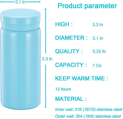 Mini Thermos Cute Water Bottle - 7 oz Tiny Insulated Vacuum 18/10 Stainless Steel Small Flask - Leak Proof & Spill Proof & Keeps Cold and Hot for Drink, Coffee, Tea - Light Blue