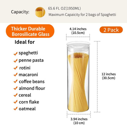 ZENS Glass Spaghetti Pasta Storage Container with Lids Set of 2, 65oz Tall Clear Airtight Food Storage Jar Canisters for Kitchen Pantry Noodles Flour Cereal Coffee Beans