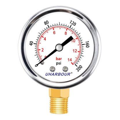 Lead-Free Pressure Gauge 1/4 NPT 0-200 Psi 2" Dial Stainless Steel Case, 1/4 NPT Lower Mount Pressure Gauge