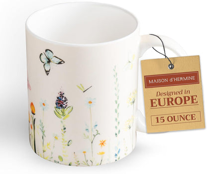 Maison d' Hermine Coffee Mug with Handles Fine Bone China Mugs Pack of One Tea Cups for Hot Beverages Cappuccino Latte Home Restaurant Office Perfect for Gift (Botanical Fresh - Meadow, 15 Ounce)