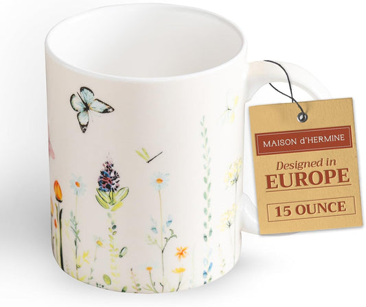 Maison d' Hermine Coffee Mug with Handles Fine Bone China Mugs Pack of One Tea Cups for Hot Beverages Cappuccino Latte Home Restaurant Office Perfect for Gift (Botanical Fresh - Meadow, 15 Ounce)