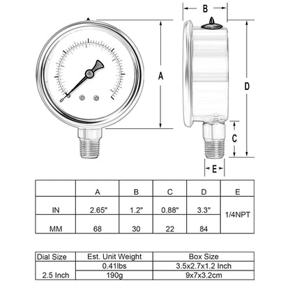 Glycerin Filled Pressure Gauge 100psi/7bar, Stainless Steel case, Brass Inside Construction, 2-1/2" dial, 1/4" NPT Rear Connection.