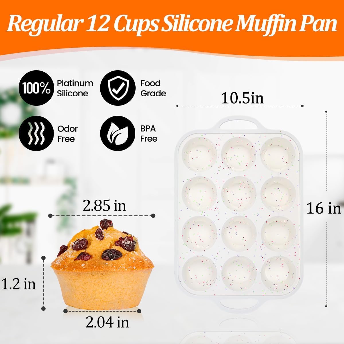 Silicone Muffin Pan, with Metal Reinforced Frame 2.8 Inch Regular Size Silicone Cupcake Pan Nonstick 12 Cups for Baking Homemade Muffins, Cupcakes, Egg Bites 2 Pack Dishwasher Safe BPA Free