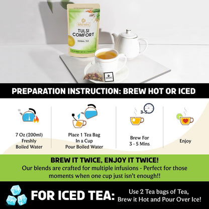 BREWIX, Tulsi Holy Basil Tea Bags (25 Pyramid Bags) | Tulsi Leaves | Holy Basil & Chamomile | Caffeine Free | Herbal Tea Bags | Calming, Fresh and Cool Flavor
