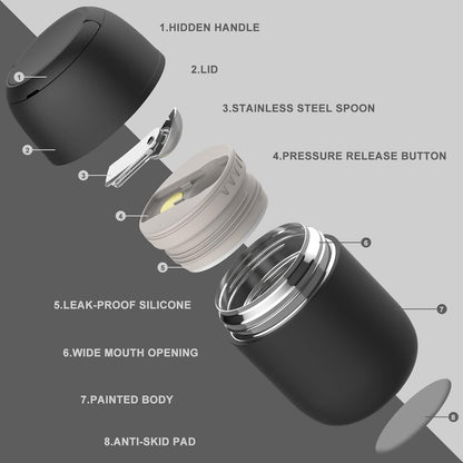 17 oz Insulated Lunch Containers, Black, Vacuum Stainless Steel Thermo Lunch Box with Handle and Folding Spoon for School, Office, Travel