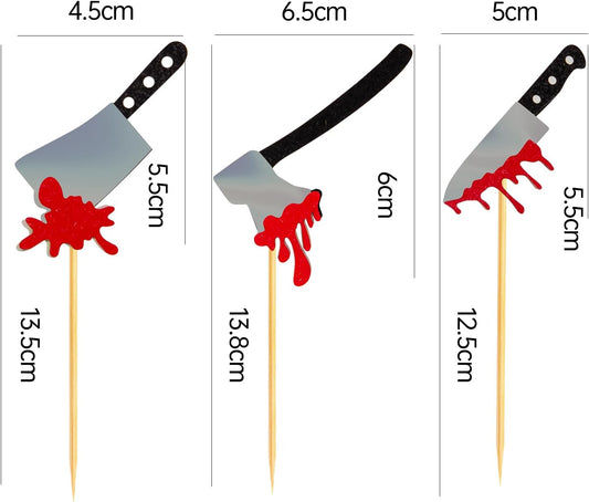 60Pcs Halloween Cupcake Toppers,Glitter Horror Blood Knife Cupcake Picks Have a Killer Birthday Party Supplies