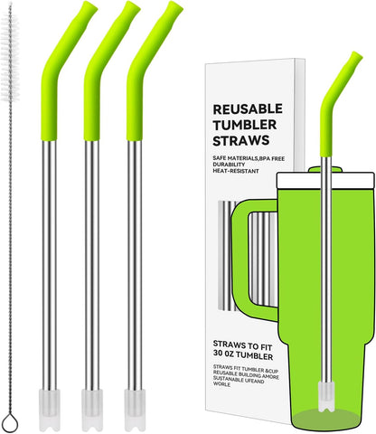 Reusable Metal Straws with Silicone Tip for Stanley 30oz,Stainless Steel Drinking Straws for 30oz Tumbler,3 Straight Tubes & 6 Tips& 1 Cleanr Brush (Bright Lime)