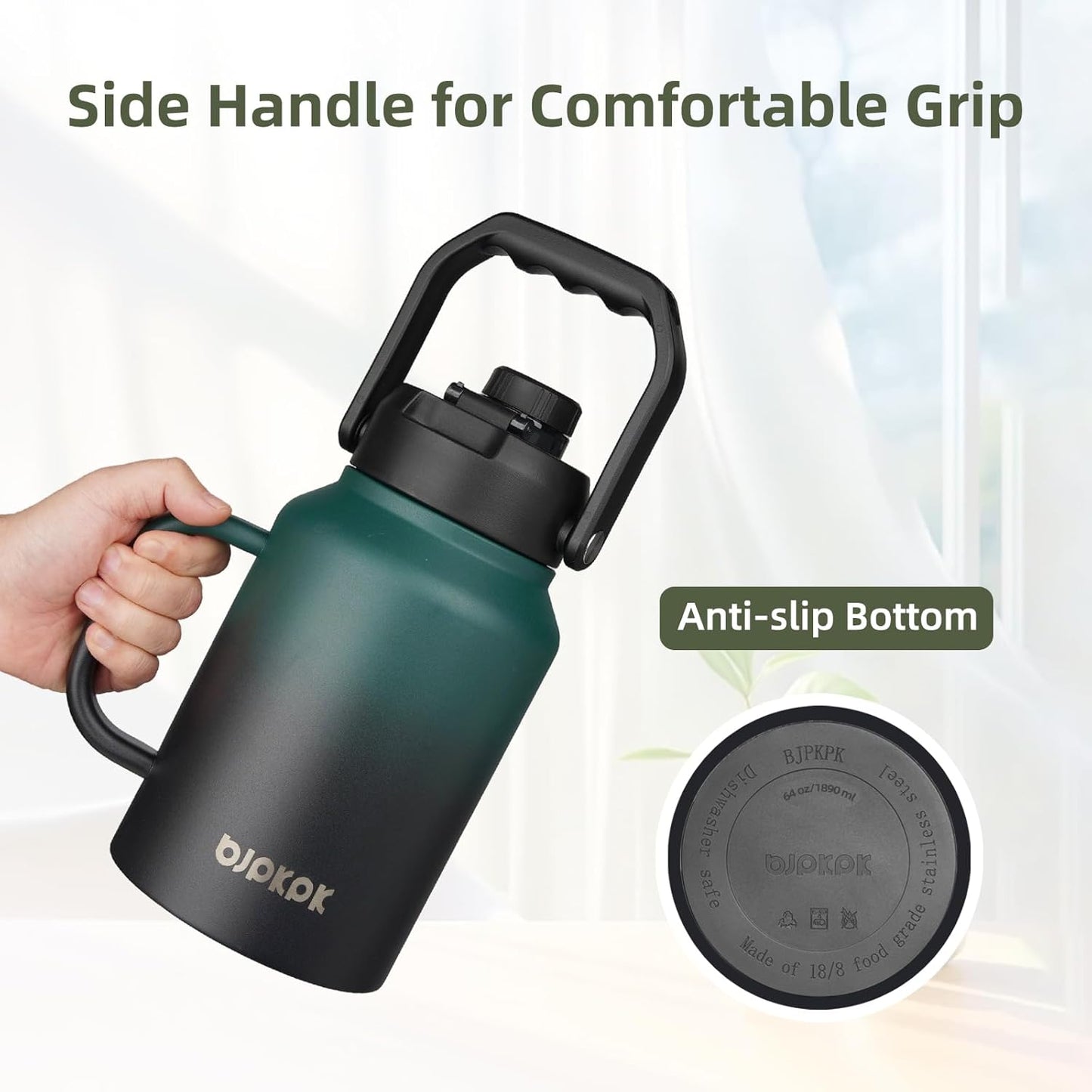 BJPKPK 64oz Insulated Water Bottle with Handle, Large Dishwasher Safe Half Gallon Water Bottle, BPA Free Water Jug, Wide Mouth Metal Water Bottle with Anti-slip Bottom, Keep Cold & Hot, Blue & Black