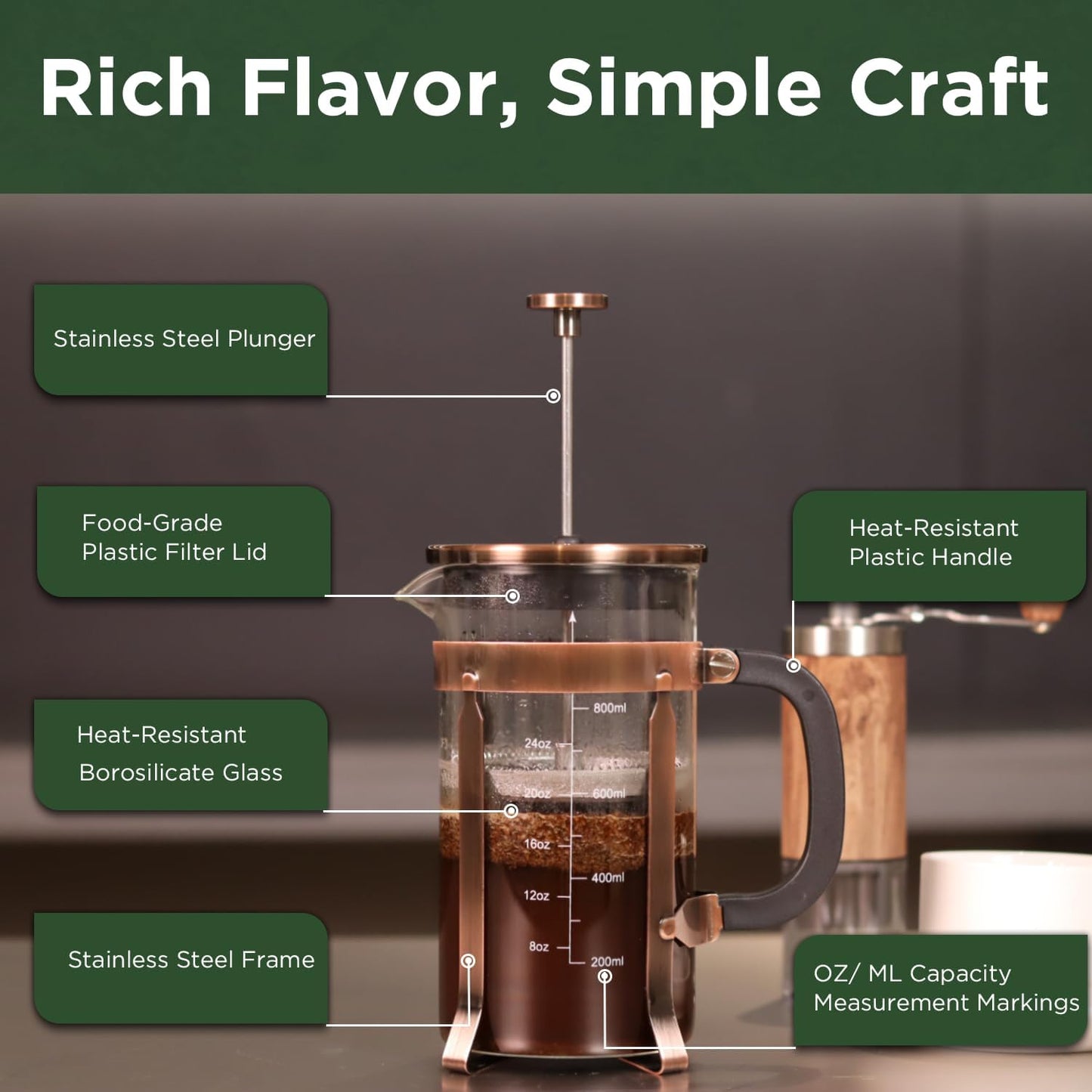 French Press Coffee Maker - 21 Ounce / 600ML, Stainless Steel & Heat-Resistant Borosilicate Glass - Ideal for Cold Brew, Espresso, 4-Filter System