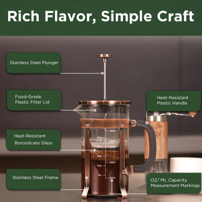 French Press Coffee Maker - 21 Ounce / 600ML, Stainless Steel & Heat-Resistant Borosilicate Glass - Ideal for Cold Brew, Espresso, 4-Filter System