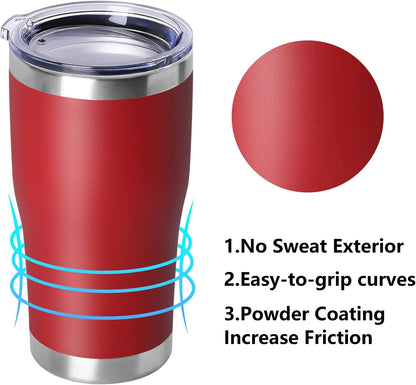 DOMICARE 20oz Tumbler with Lid Stainless Steel Tumblers Bulk, Double Wall Vacuum Insulated Coffee Travel Mug Powder Coated Tumbler, Red
