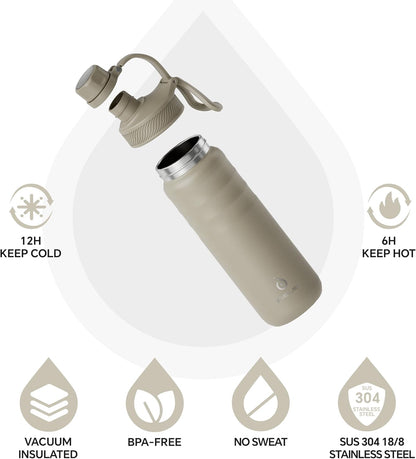 IDEUS Insulated Stainless Steel Water Bottle with 2 Leak-Proof Lids, Thermal Water Flask for Hiking Biking, 24oz, Celadon