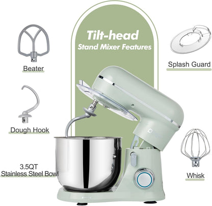 Kitchen in the Box Stand Mixer, 3.5 QT Small Electric Kitchen Mixer, 10-Speed Portable Lightweight Food Mixer with Stainless Steel Bowl, Egg Whisk, Dough Hook, Beater (Sage Green)
