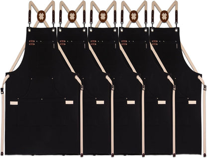 5 Pack Kitchen Apron, Work Apron, Canvas, Multiple Pockets, Gardening, Painting, BBQ, Artist, Carpenter, Sizes M to XXL, Black