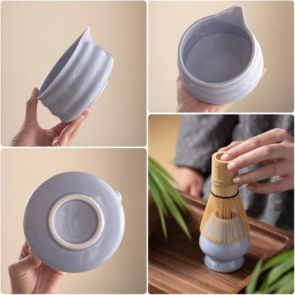 Matcha Whisk Set 8 Pcs - Ceramic Bowl, Bamboo Whisk with Holder, Canister, Sifter, Schima Spoon, Spoon Rest and Tea Towel, Complete Kit for Traditional Matcha and Modern Lattes (Purple)