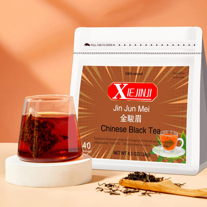 XIEJINJI Golden Monkey Tea - Chinese Black Tea - Jinjunmei - Premium Bud Tea - Eco-Conscious Tea Bags - 3.2g x 40 Count - Repeated Brewing - High Mountain Nature Fruit