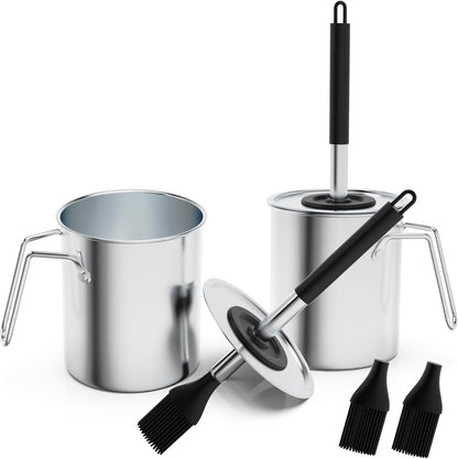Geesta Adjustable Sauce Pot and Basting Brush Set, Long Stainless Steel Basting Brush for Cooking, Smoking, Fathers Day Grilling Gifts for Men Smoker Accessories, Large Capacity Grilling Tools, 2 Pack