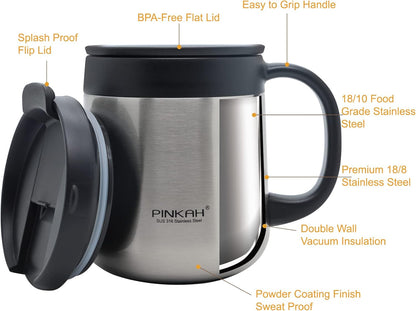 16OZ Stainless Steel Insulated Coffee Mug with Handle and Lid, Double Wall Vacuum Coffee Tumbler Thermal Cup with 2 Lids