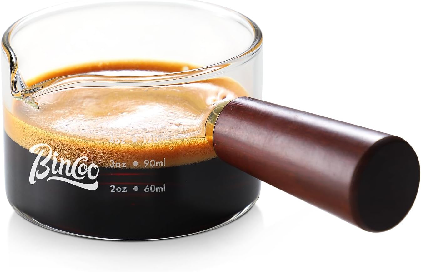 Espresso Shot Glasses with Wood Handle, 120ml Glass Coffee Bean Dosing Cup with Spout,Clear Espresso Measuring Cup Glass for Barista Coffee Measure (Single Spout)