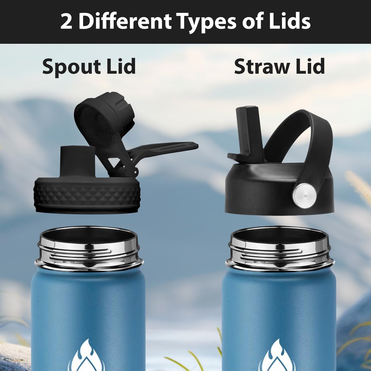 SENDESTAR Water Bottle 40oz Double Wall Vacuum Insulated Leak Proof Stainless Steel Sports Water Bottle—Wide Mouth with New Flex Straw Lid & Spout Lid (Deep Blue&Black)