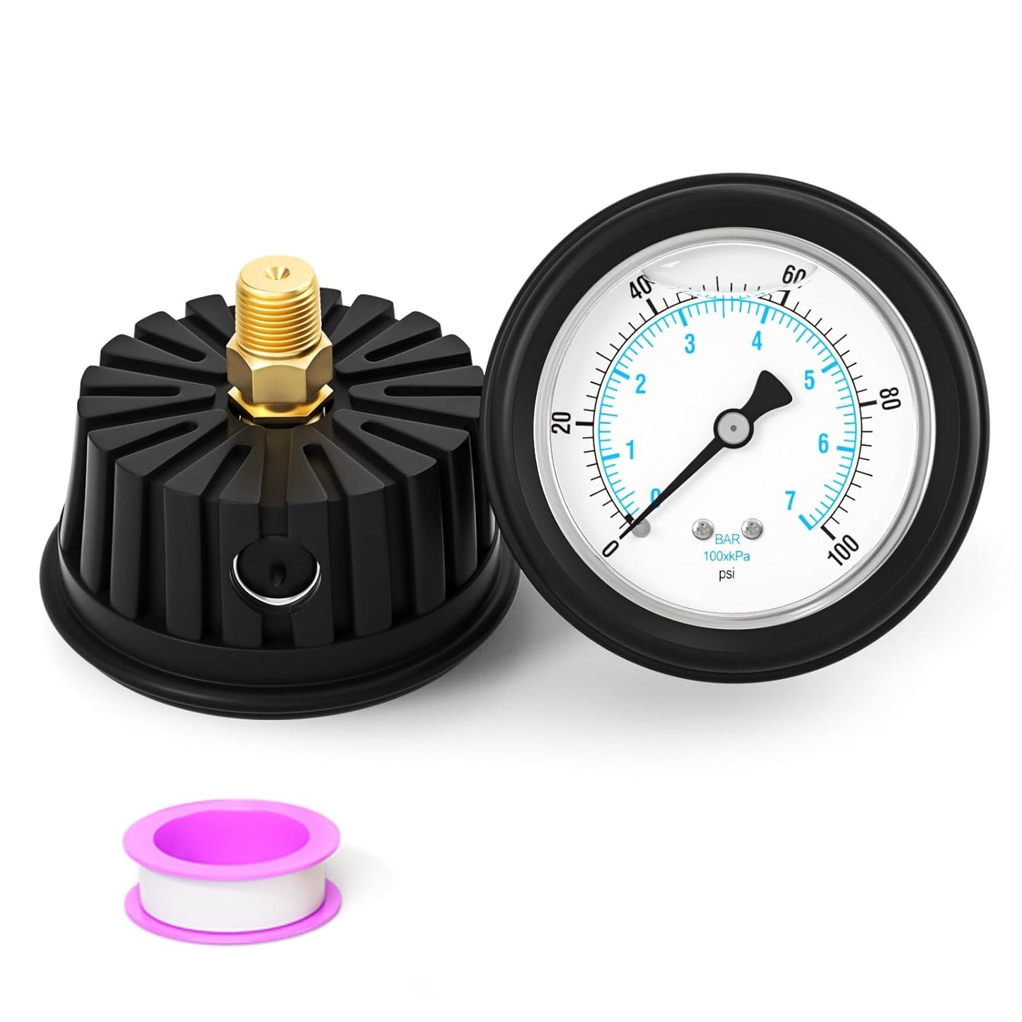 0-100PSI Stainless Steel Liquid Filled Pressure Gauge, 2.5" Dial Size, 1/4" NPT Back Mount, with Rubber Protective Sleeve, for Tube, Water Pump, Gas, Liquid, Pressure Test