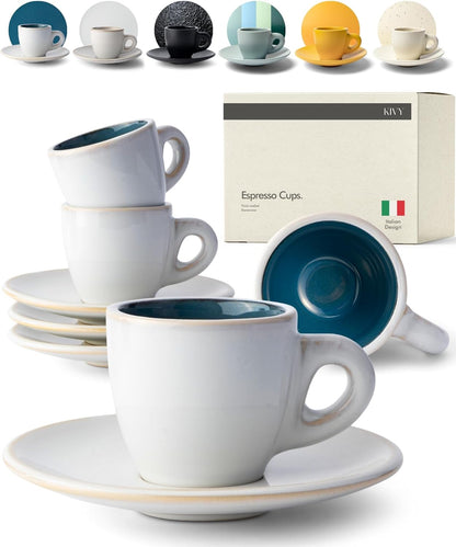 KIVY 3 oz Espresso cups set of 4 - Thick walled stoneware espresso cup set - Italian style espresso cups and saucers - Expresso shots cup - Small coffee mugs and saucers - Blue