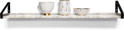 InPlace Shelving, Wall Mounted Real Solid Wood Rustic Bracket Ledge, 5" D x 60" W x 6.1"H, Distressed White, 9602101E