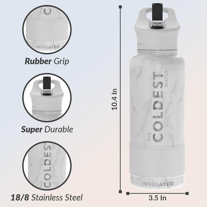 Coldest Insulated Water Bottle with Straw Lid - Stainless Steel Metal Insulated Bottle for Men & Women (Marble White, 32 oz)