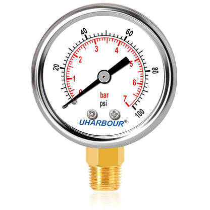 Lead-Free Pressure Gauge 1/4 NPT 0-100 Psi 2" Dial Stainless Steel Case, 1/4 NPT Lower Mount Pressure Gauge