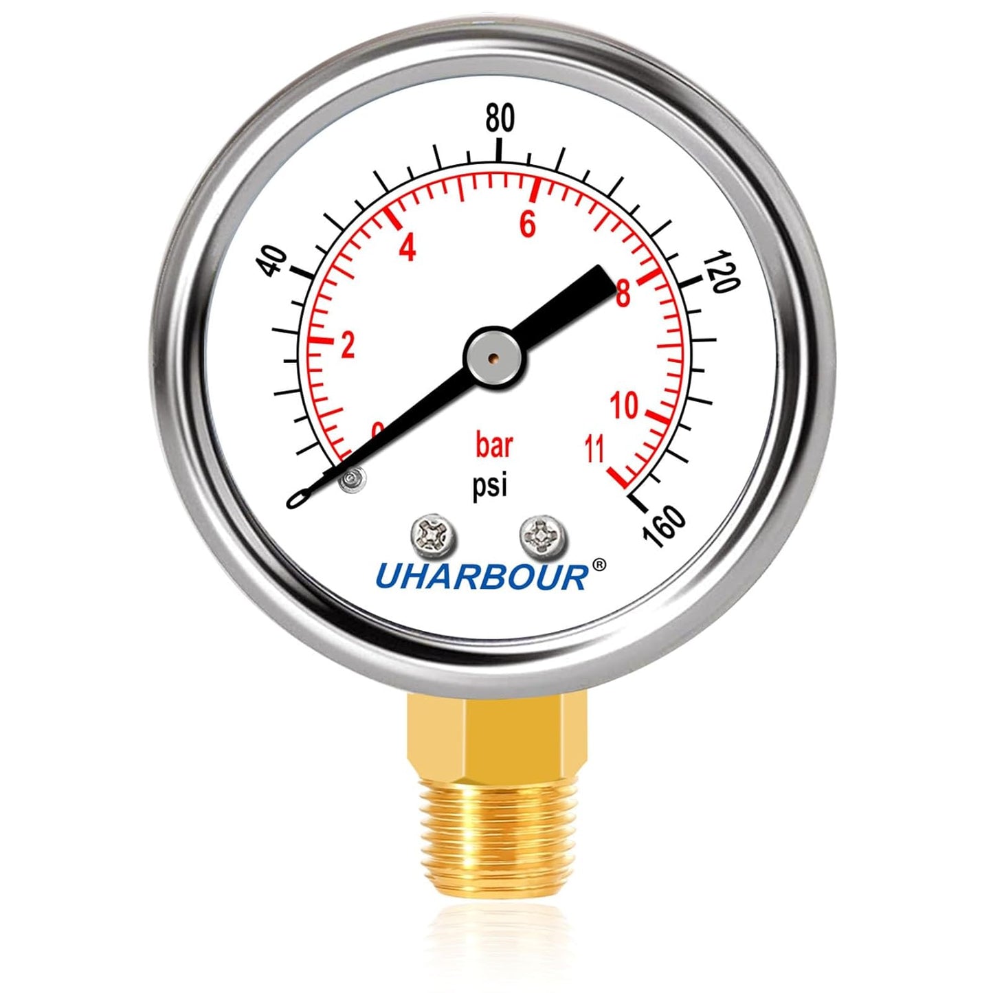 Lead-Free Pressure Gauge 0-160psi 1/4" NPT Lower Mount 2" Dial Stainless Steel Case, Pressure Gauge for Water Air RV