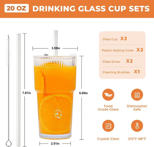 2 Pack 20 Oz Glass Cups with Lids and Straws Iced Coffee Cups Vintage Ribbed Glassware for Beer Ice Coffee Fruit Juice Elegant Aesthetic Cup Glass Iced Coffee Tumbler Include 1 Cleaning Brushes