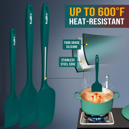 Walfos Silicone Spatula Set of 7 - (600°F) High Heat Resistant Dark Green Kitchen Scraper Spatulas, One-Pieces Seamless Design, Perfect for Cooking Mixing & Baking - BPA Free and Dishwasher Safe