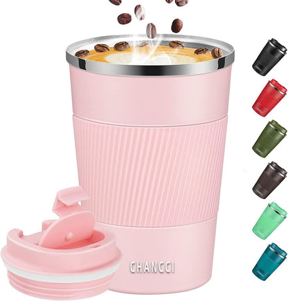 Travel Coffee Mug Spill Proof Leakproof 12 oz Insulated Coffee Mug with Screw Lid, Stainless Steel Vacuum Tumbler Reusable Thermal Coffee Cup to go for Hot and Cold Drinks -380ml, Pink