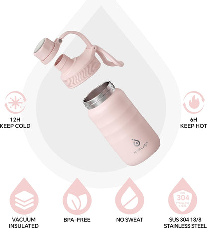 IDEUS Insulated Water Bottle 12oz, Stainless Steel Insulated Water Bottle For School, Insulated Bottles With Straws Leakproof, Vacuum Double Wall Water Bottles For Boys And Girls With 2 Lids, BPA Free