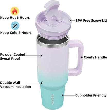 BJPKPK Tumbler With Handle 40 oz Stainless Steel Insulated Tumbler With Lid And Straw For Water Or Ice Coffee,Lavender Green