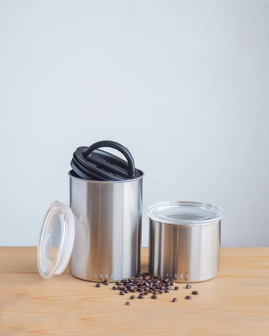 Planetary Design Airscape Stainless Steel Coffee Canister | Food Storage Container | US Patented Airtight Lid | Push Out Excess Air Preserve Food Freshness (Small, Matte White)