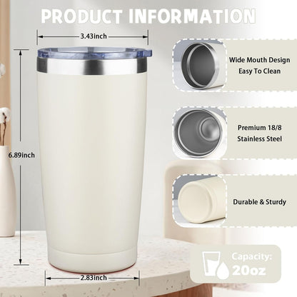 20 oz Tumbler with Lids and Straws, Stainless Steel Insulated Coffee Tumbler, Double Wall Vacuum Insulated Travel Mug Cup, Leakproof Thermal Coffee Cup for Hot and Cold Drinks (cream)