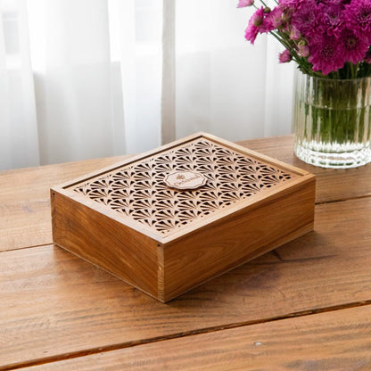 Octavius Tropical Palm Cutwork Wooden Tea Sampler Box | Premium Black & Green Tea Gift Set | 6 Flavors, 90 Tea Bags | Elegant Teas Gift Box for Tea Lovers