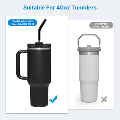 Metal Straw with Silicone Tip for 40oz Stanley Cup, 2 Pcs Stainless Steel Straws Replacement for Stanley 40 oz Adventure Quencher Travel Tumbler Cup, 1 Straw Brush (Black)