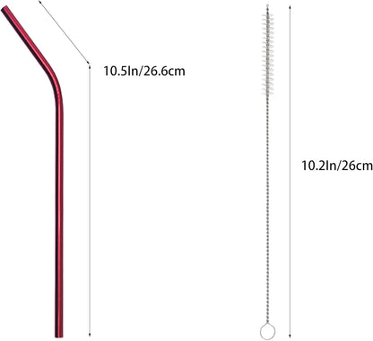 10 Pcs Stainless Steel Straws, Reusable Drinking Straws, Bent Metal Straw Sets with 2 Pcs Cleaning Brushes (Red, 10.5 Inch)