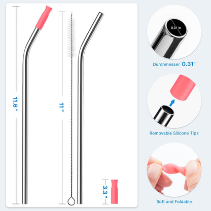 2 Pcs Stainless Steel Straw with Silicone Tips for 30 oz Stanley Tumbler, Repeatable 30 oz Metal Straws for Stanley Adventure Quencher Travel Tumbler Cup, BPA Free（Pink Dusk）