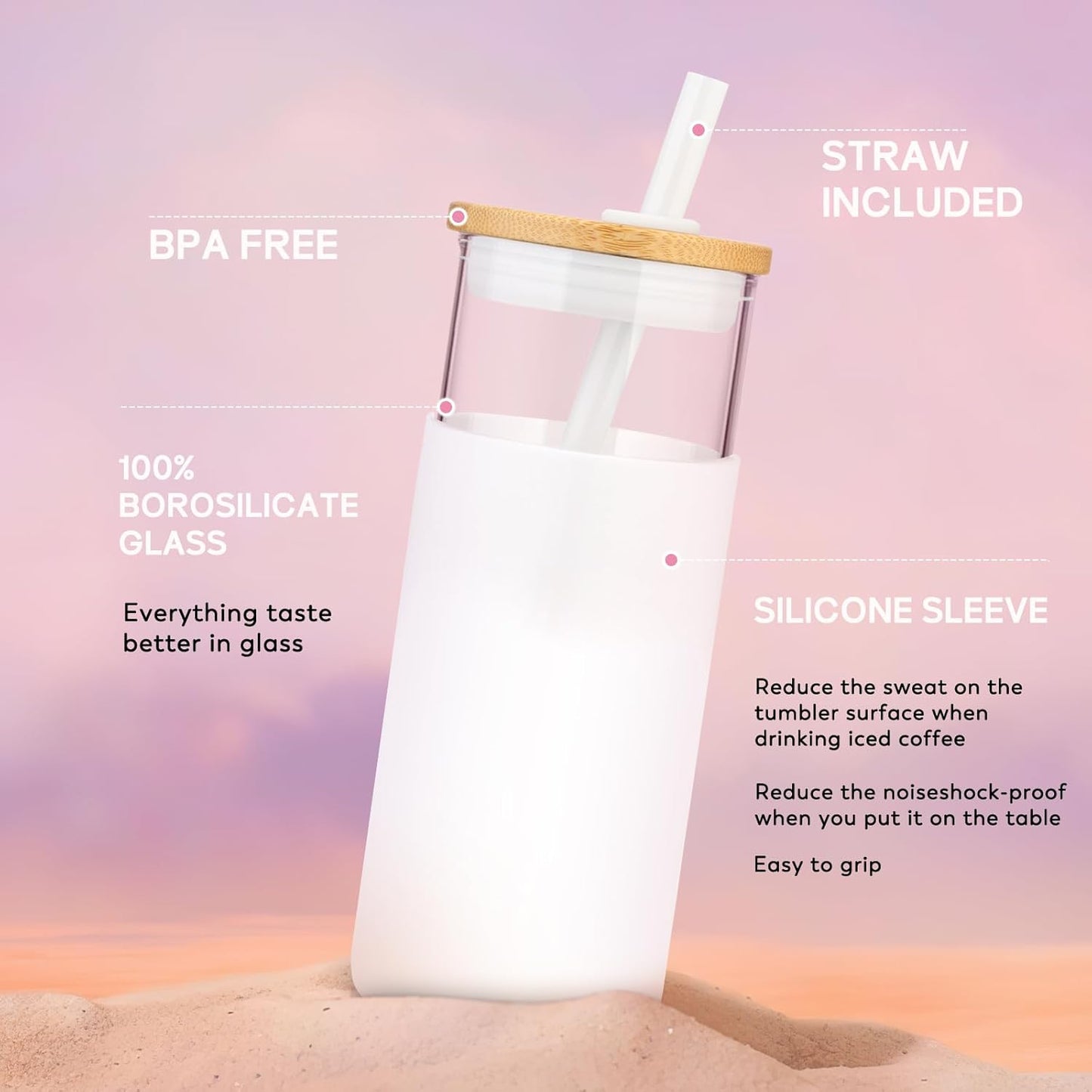 Tronco 20 oz Glass Tumbler with Lid & Straw - Iced Coffee Cup & Smoothie Cup With Silicone Sleeve | BPA-Free, Dishwasher Safe | Reusable Glass Cups with Bamboo Lids and Straws (Amber, 1 Count)