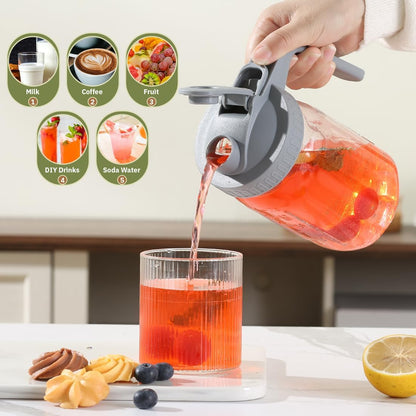 Glass Tea Pitcher with Wide Mouth Airtight Lid Leak Proof Fridge Container with Gray Lid Mason Jar for Water, Tea,Juice and Drinks (2 Pack-32OZ)