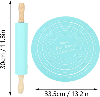 Large Silicone Rolling Pin Pastry Baking Mat Set for Kitchen (Blue)