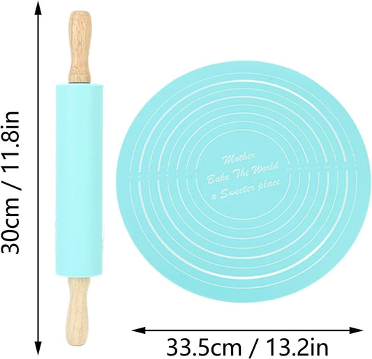 Large Silicone Rolling Pin Pastry Baking Mat Set for Kitchen (Blue)