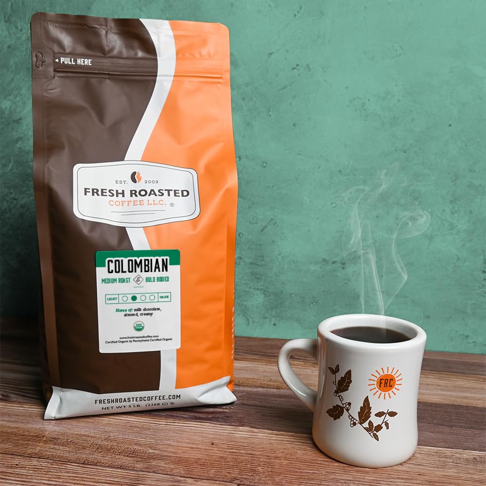 Fresh Roasted Coffee, Organic Colombian | USDA Organic, 100% Single Origin, Kosher | Medium Roast 5 lb (80 oz) Ground