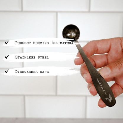 Black Matte Stainless Steel 1 gram Matcha Measuring Spoon (1/2 teaspoon). Scoop your Matcha with Precision for Perfect Matcha Lattes.